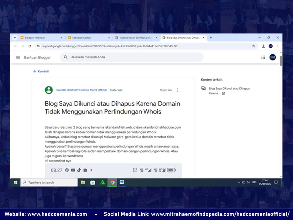 Dua Blog Iskandar Idrish HadCoe Telah Dihapus Oleh Pihak Blogger